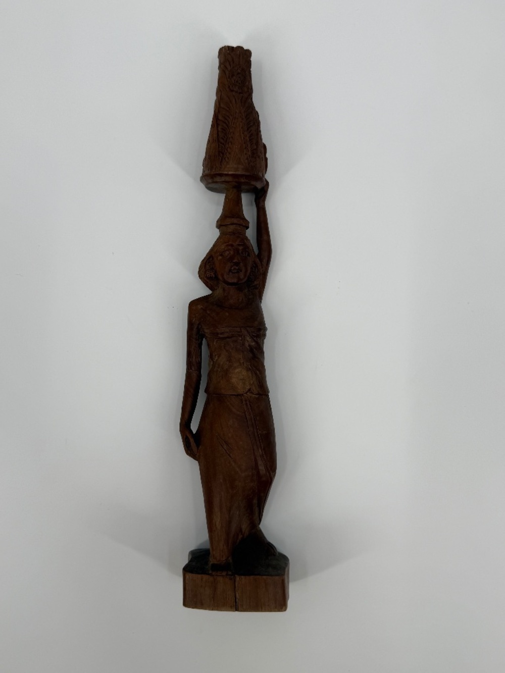 Vintage Hand Carved Wooden Statue Woman Carrying Basket Balinese Art 16"